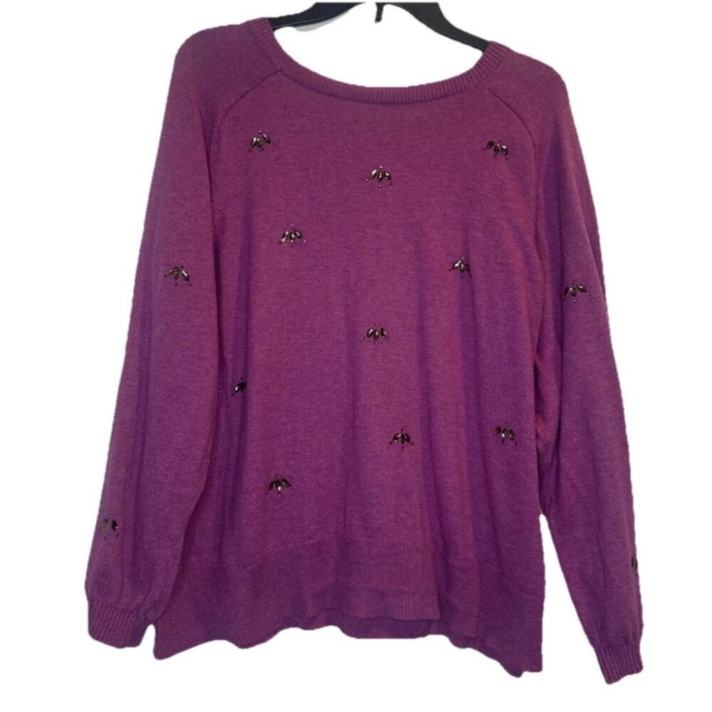 Nic +Zoe Women’s Vivid Magenta Hidden Gems Scoop Neck Long Sleeve Sweater Top 1X